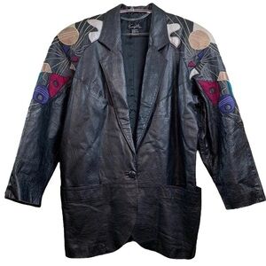 Vtg Suzelle Genuine Leather Embroidered Embossed Oversized Coat Jacket Size M